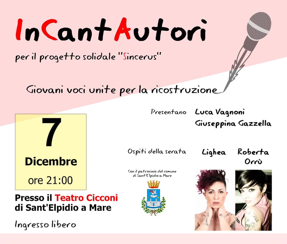 Venerdì 7 dicembre, al Teatro Cicconi di Sant’Elpidio a Mare, alle ore 21, grande serata di musica e solidarietà; ospiti Lighea e Roberta Orrù.