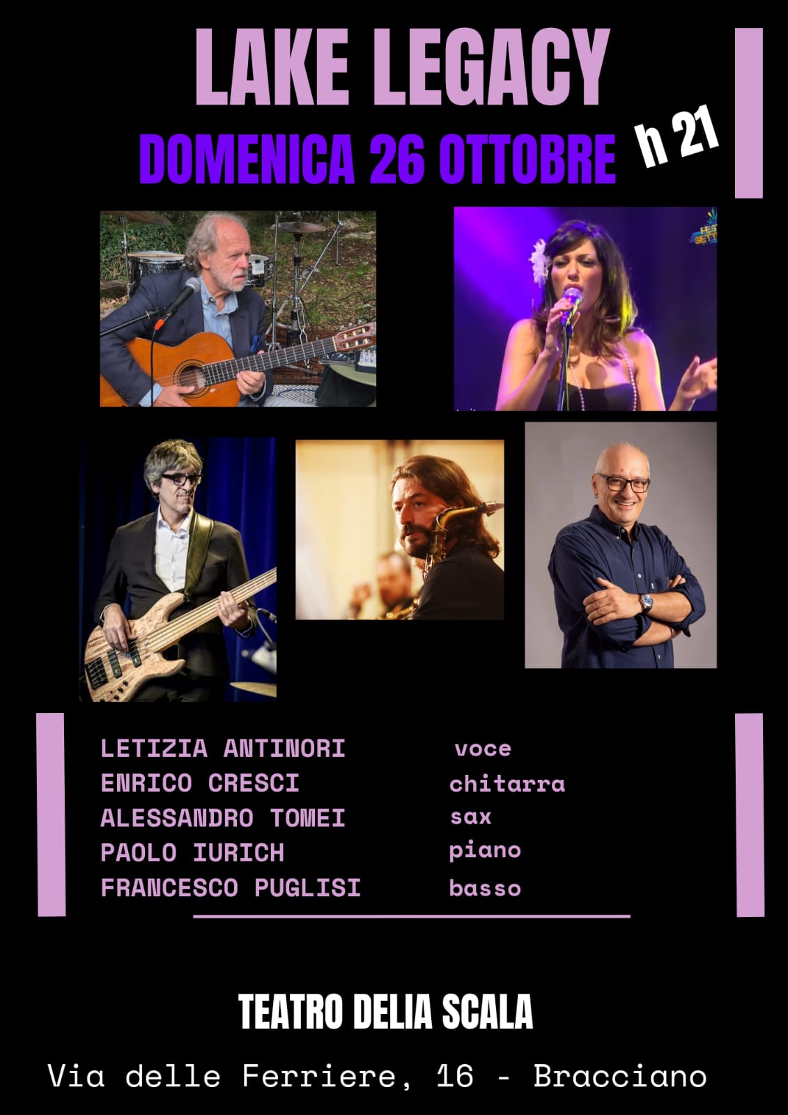 Domenica 26 ottobre, ore 21, al Teatro Delia Scala il concerto Lake Legacy chiude “Bracciano rompe gli schemi”: quintetto d’eccellenza, ingresso libero.