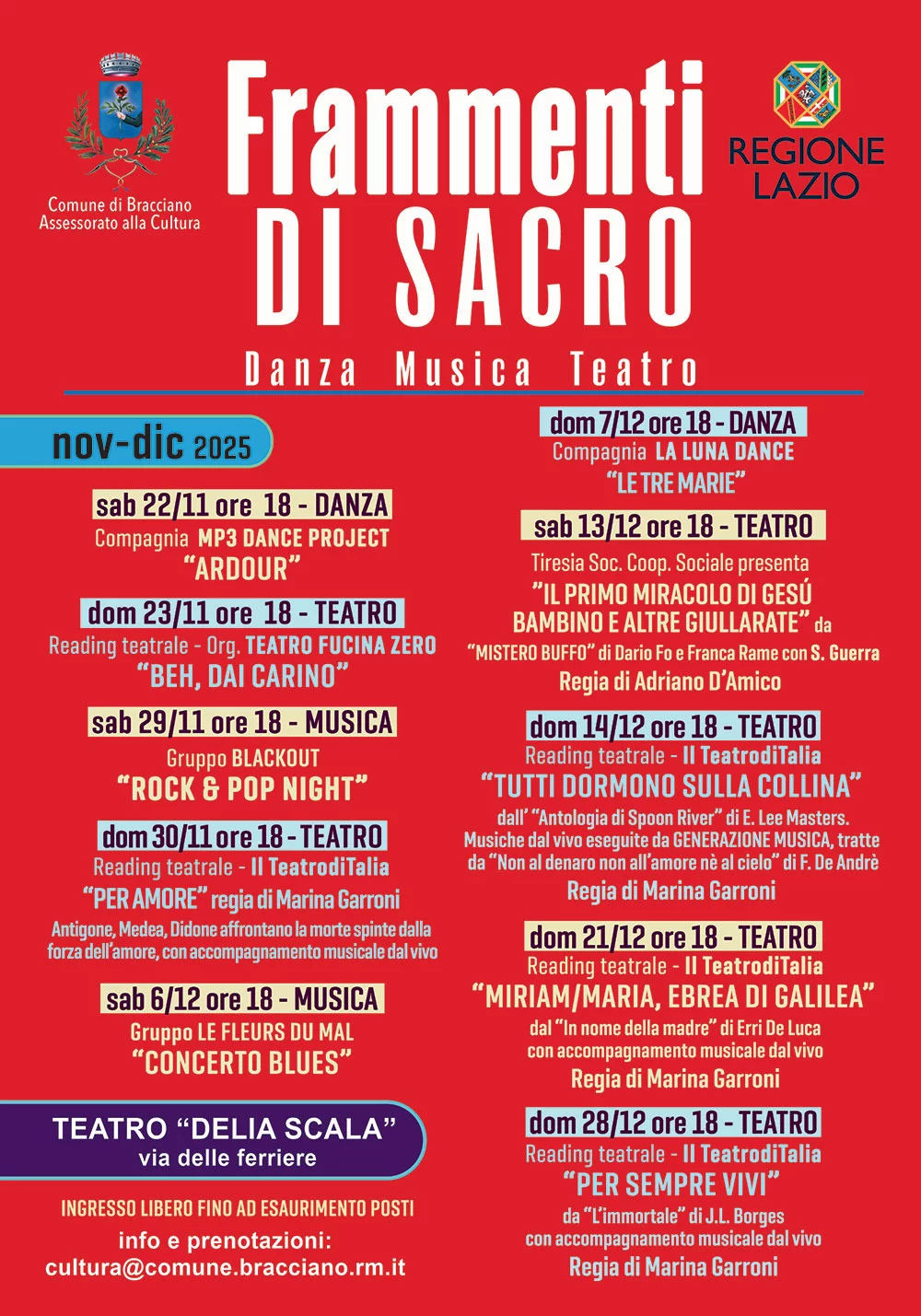 Reading teatrale “Beh, dai carino” a Bracciano il 23 novembre per la rassegna Frammenti di Sacro, tra teatro, musica e danza.